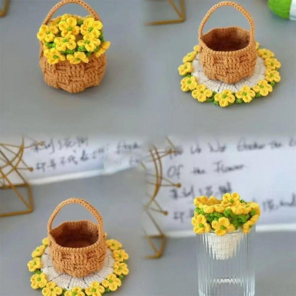 Creative Polyester Rose Bouquet Coasters Cotton DIY Hand Knitted Rose Bouquet Hand Knitted Crochet Flower Pot Gift