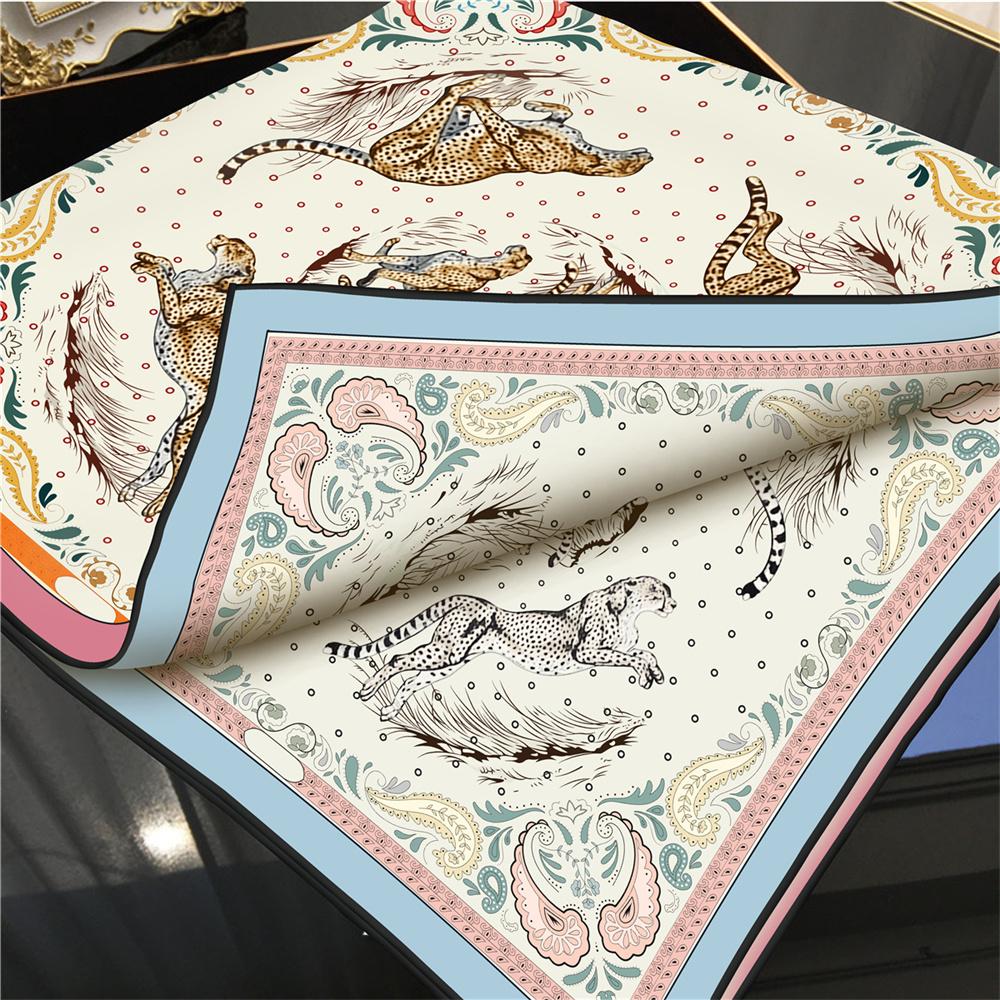 POBING Manual Hand Rolled Twill Silk Scarf Women Leopard Double Print Square Scarves Wraps Echarpes Foulards Femme Hijab 90CM