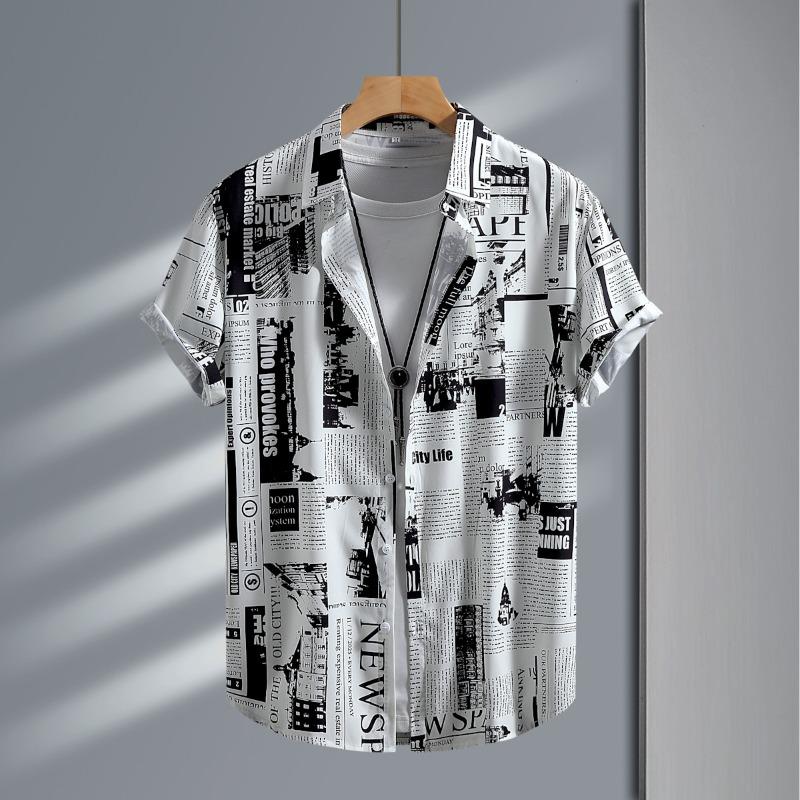 Men s Short-sleeve Shirt - Vintage Navy Newspaper Print Streetwear Style S