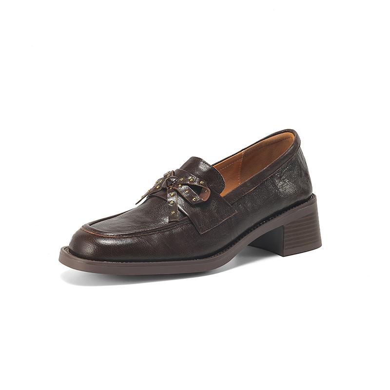 Fashion New Spring Sheep Leather Woman Shoes Square Toe Women Pumps Shoes for Women Chunky Heel Loafers Fashion Rivet Bow Casual Shoes