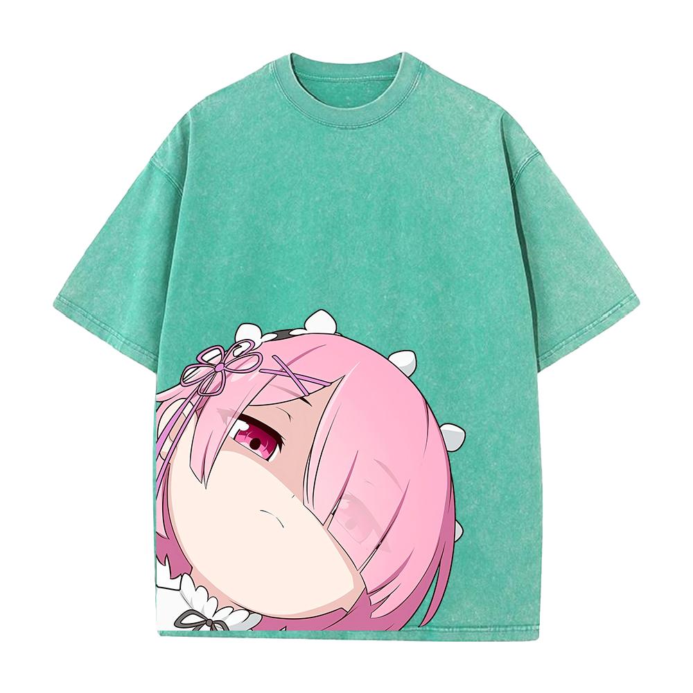 Manga Re:ZERO Ram Kawaii Printed Tee Men Women Short Sleeve Clothing Washed Cotton T-shirt Retro Casual T Shirt Harajuku Tshirt