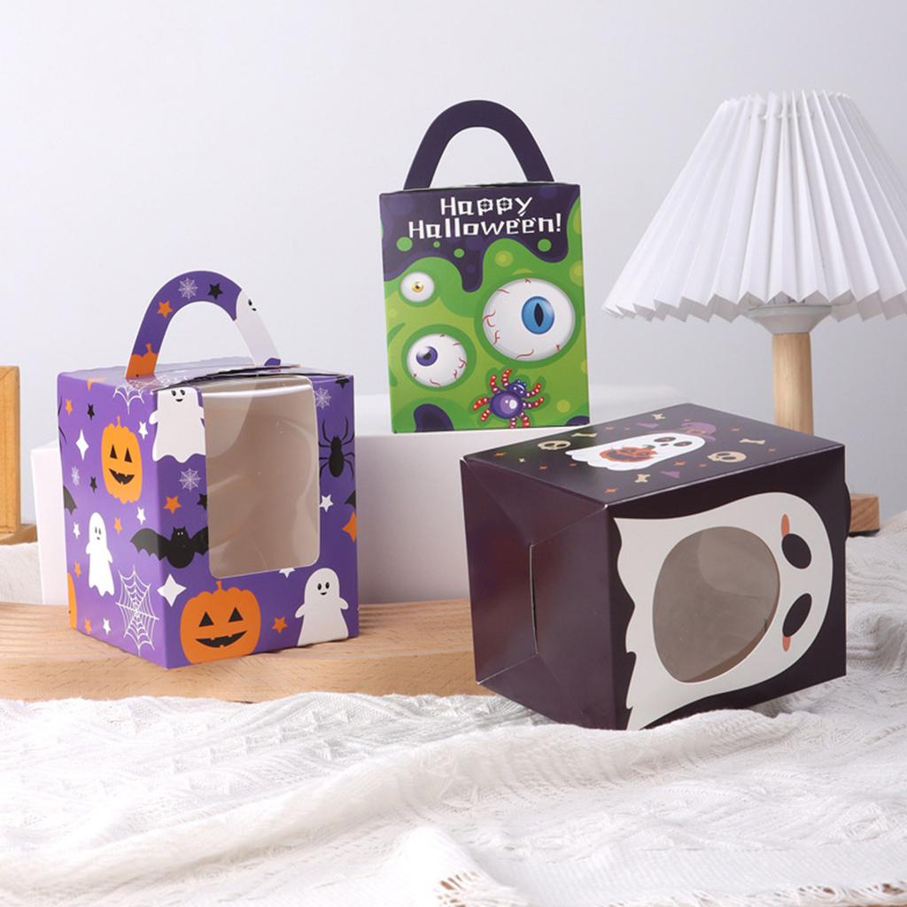 Halloween Kraft Paper Cupcake Box, Freestanding Container With Handle, Suitable For Halloween Party And Wedding Gift Wrapping