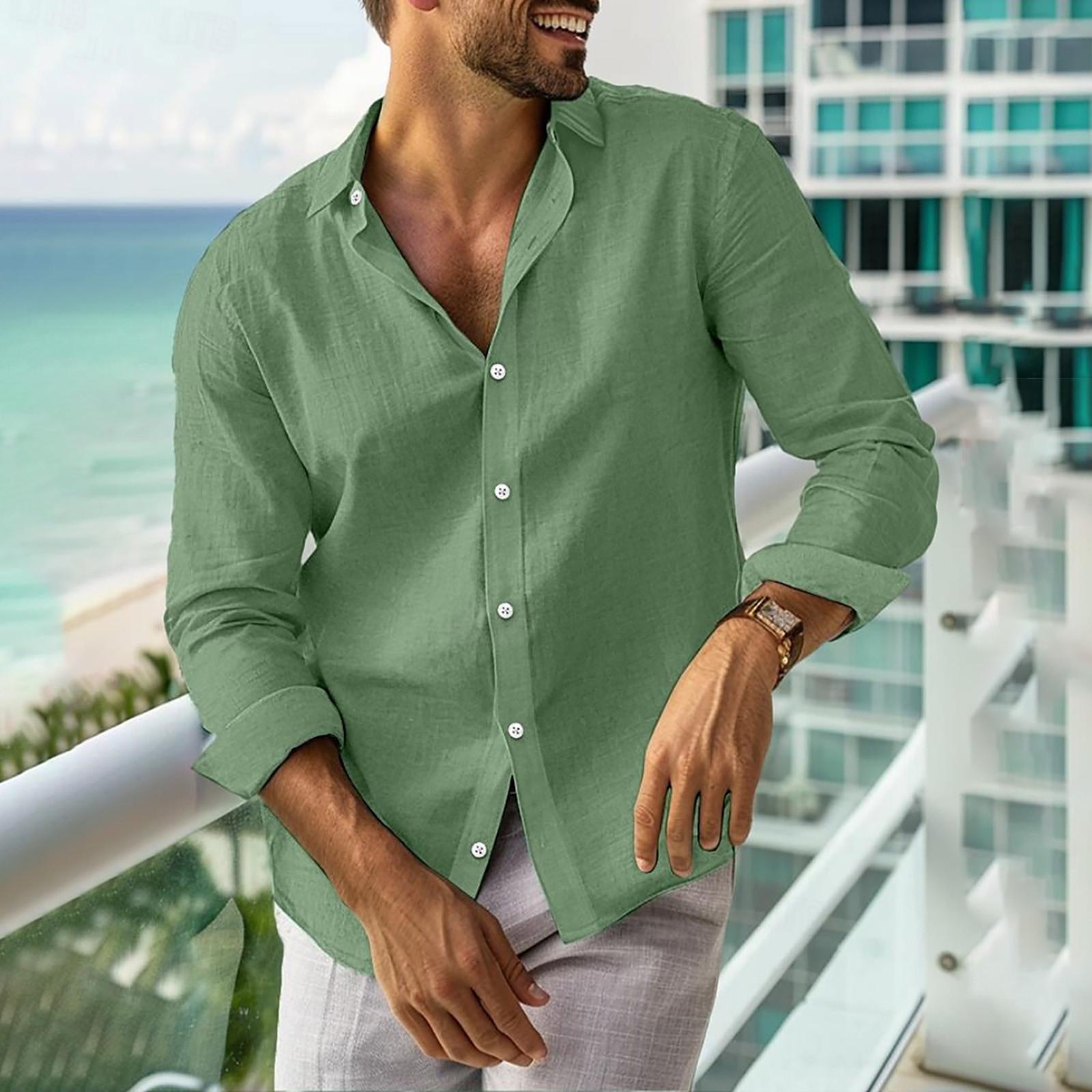 

Дизайнерские весенне-летние мужские повседневные рубашки из хлопка и льна, однотонные рубашки с длинными рукавами, свободные рубашки с воротником-стойкой XXXL темно-зеленого