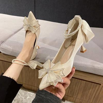 Fashion Crystal Bow High Heels Shoes Women Pointed Toe Pearl Ankle Strap Pumps Woman Fashion Silk Thin Heels Party Shoes Female