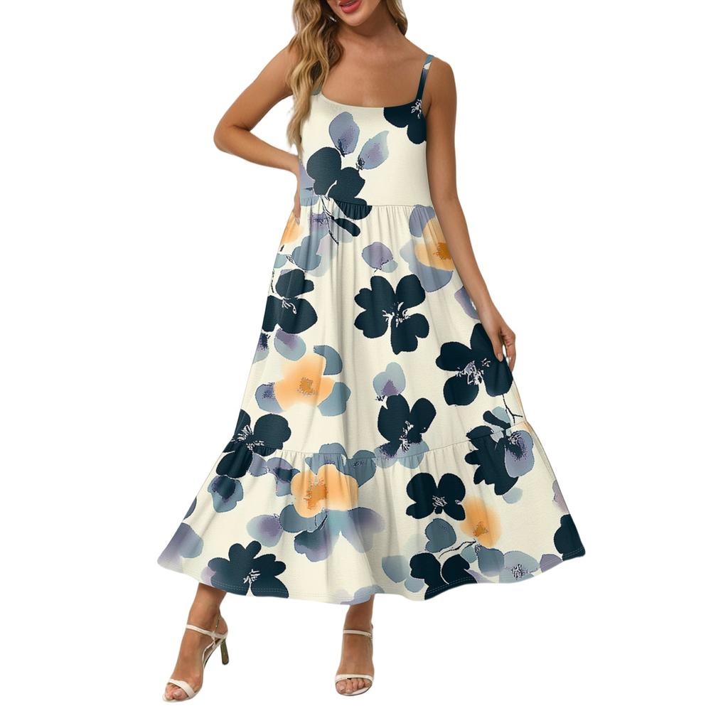 Damska Długa Plażowa Codzienna Elegancka Sukienka Maxi na Cienkich Ramiączkach, Szyta, Subtelna, Zwiewna Sukienka w Stylu Boho