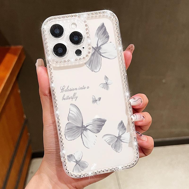 For iPhone 16 Pro 16E 15 Pro Max 14 13 12 11 Phone Case Diamond Frame Butterfly Print Clear Shockproof Soft Silicone Anti-Fall Bumper Cover
