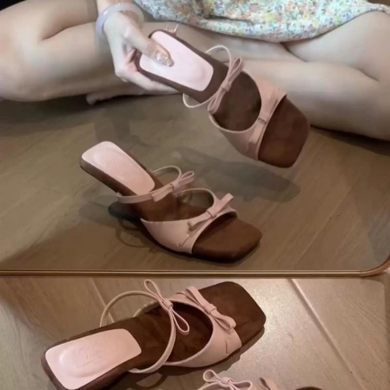 Slipper Mules Low High Heels Shoes Summer Best Street Look Females Square Head Open Toe Bow Strappy Sandals Women