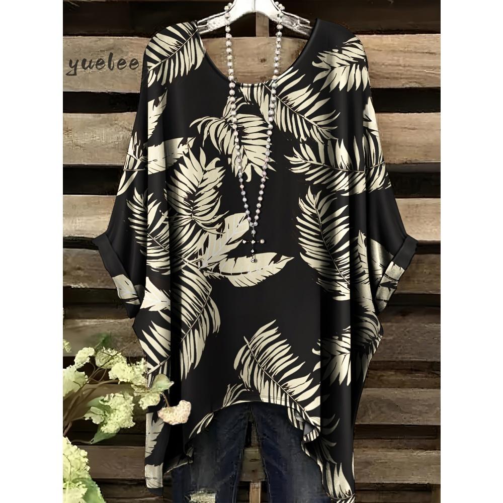 T-shirt Estiva Elegante Bohemien Bicolore da Donna con Stampa Floreale a Forma di Cuore e Farfalla, Scollo Tondo, Blusa Casual, Abbigliamento Bohemien da Donna