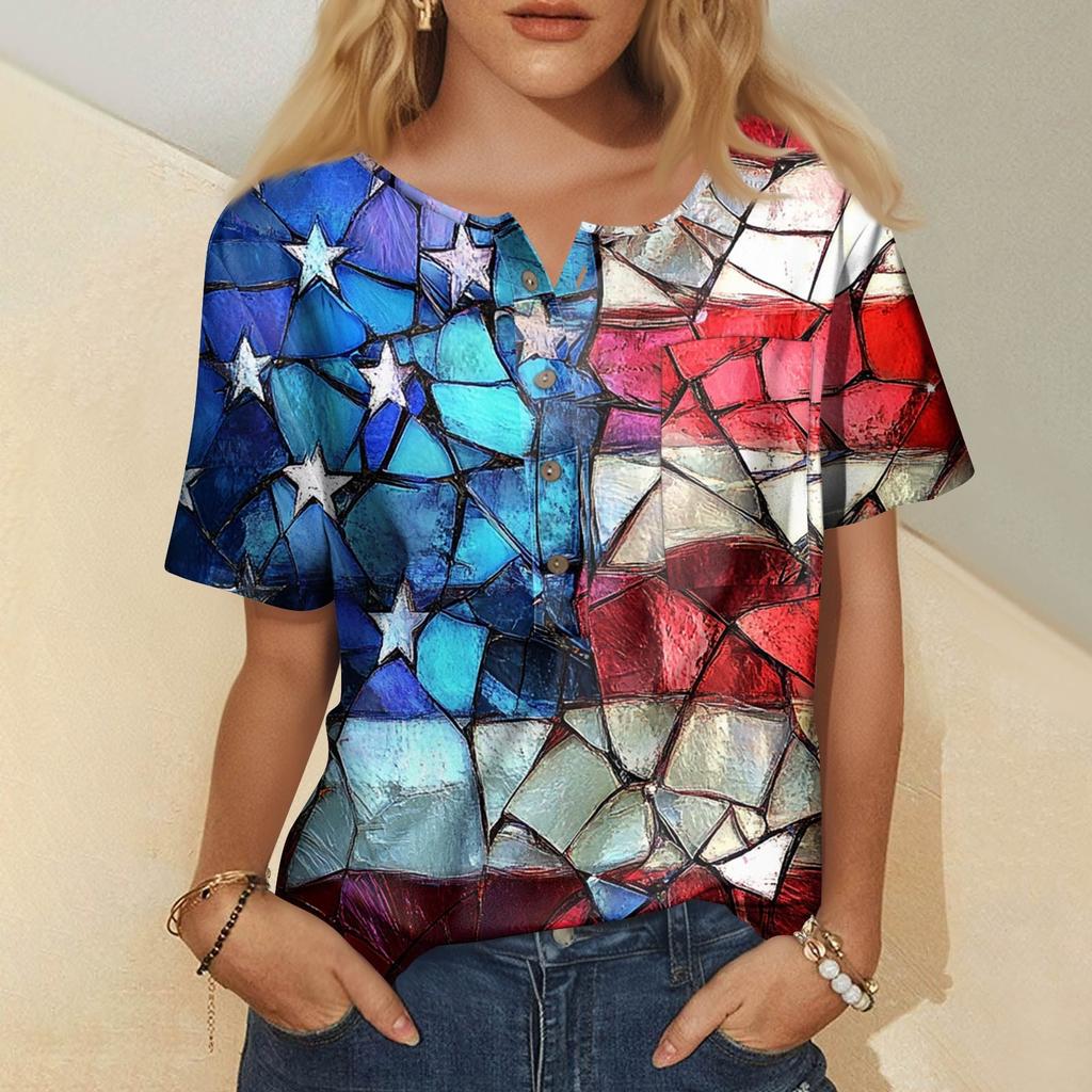 Modna damska bluzka z krótkim rękawem i nadrukiem, okrągłym dekoltem
