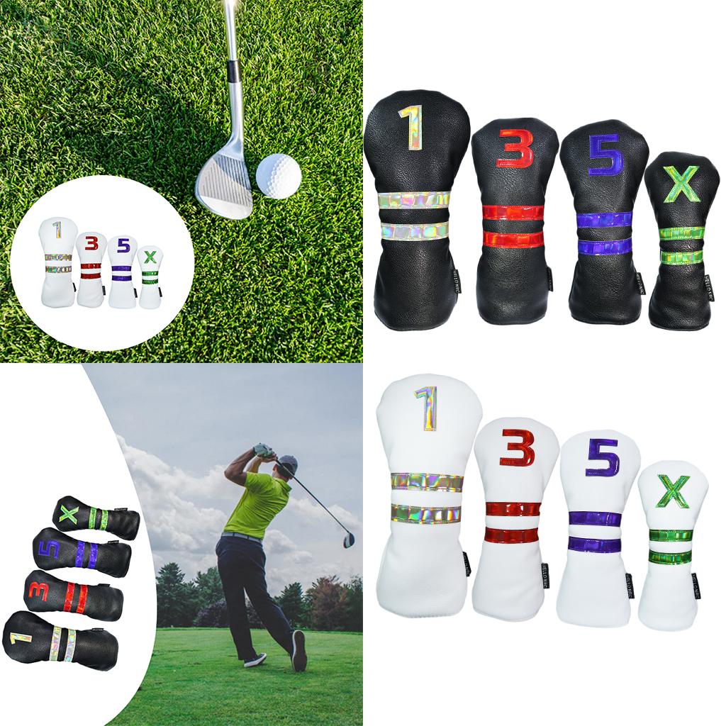 4pcs PU Leather Golf Headcover Wood Guard Sleeve Long Neck Club Head Cover -