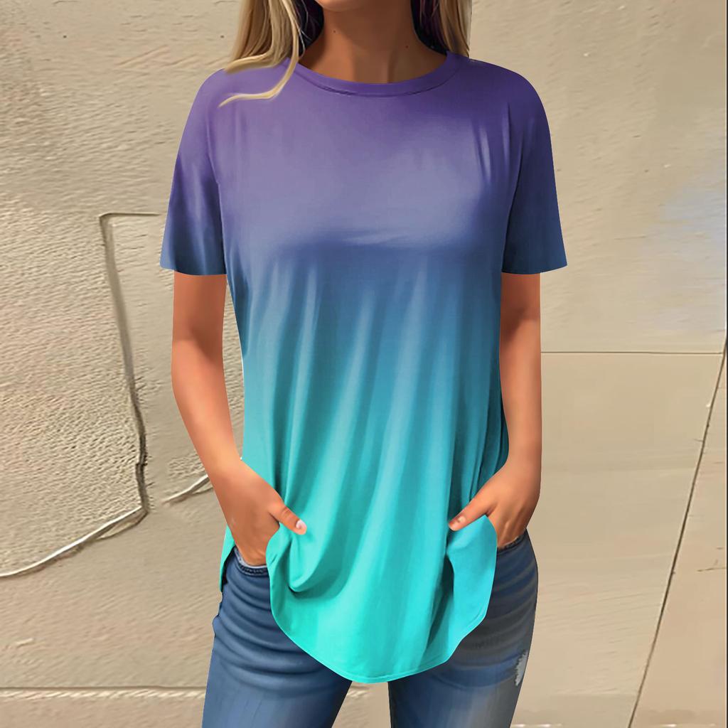 Women's Fashion Casual Round Neck Gradient Printed Short Sleeve Pullover T-Shirt Top