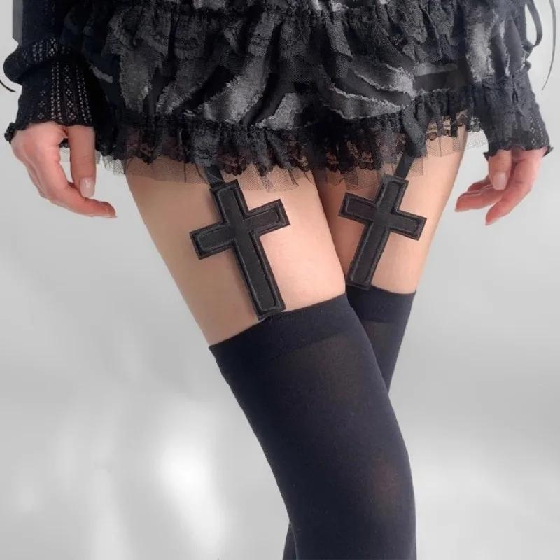 

Women s Sexy Cross Thigh High Stockings with Suspender Gothic Lolita Japanese Style JK Black White Garters Long Socks Hosiery One Size чорний