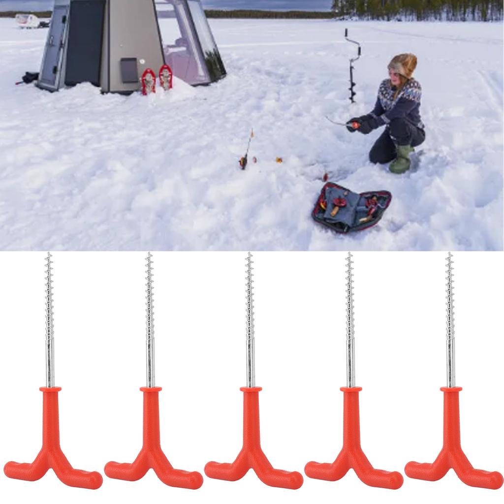 5 Pcs Ice Fishing Tent Pegs, Red Winter Anchors for Camping Shelter, 7.3 Inch Iron Screw Stakes with ABS Handle - High Visibility Ground Nail