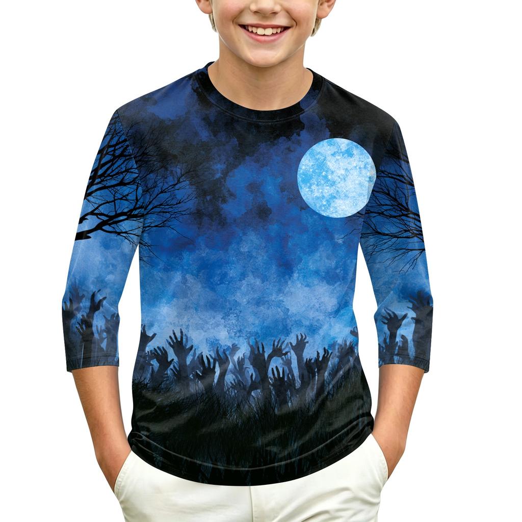 Children's Halloween Print Round Neck Three-Quarter Sleeve Top for Casual Everyday Wear