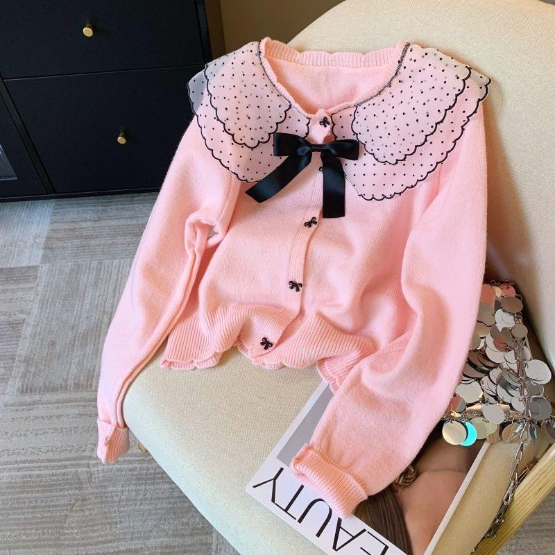 Autumn and winter knitted sweater lace stitching sweet bow sweater women's top