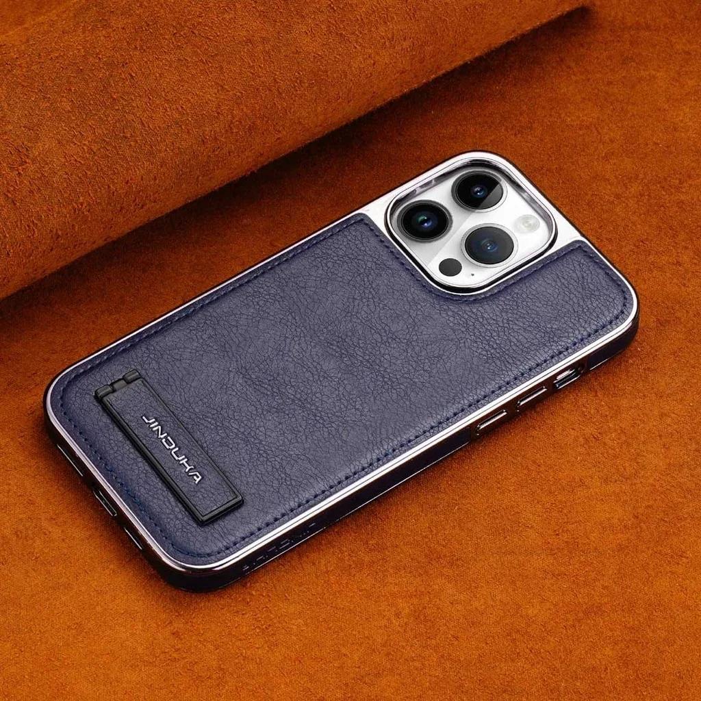 

Invisible Bracket Holder Leather Case For iPhone 16 Pro Max 15 Plus 17 14 Pro 13 12 11 Aluminum Lens Electroplated Bumper Cover iPhone 15 Pro Max темно-синього кольору