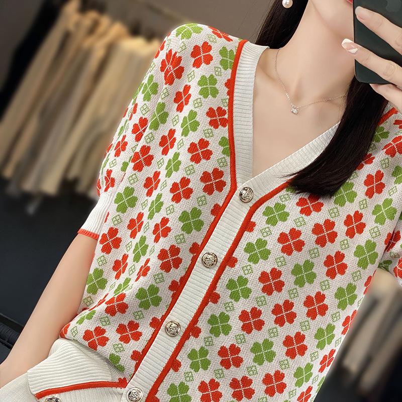 

Кардиган женский вязаный из ледяного шелка с V-образным вырезом, с мелким цветочным бисером, летний, новый, свободного кроя, тонкий, с коротким рукавом L