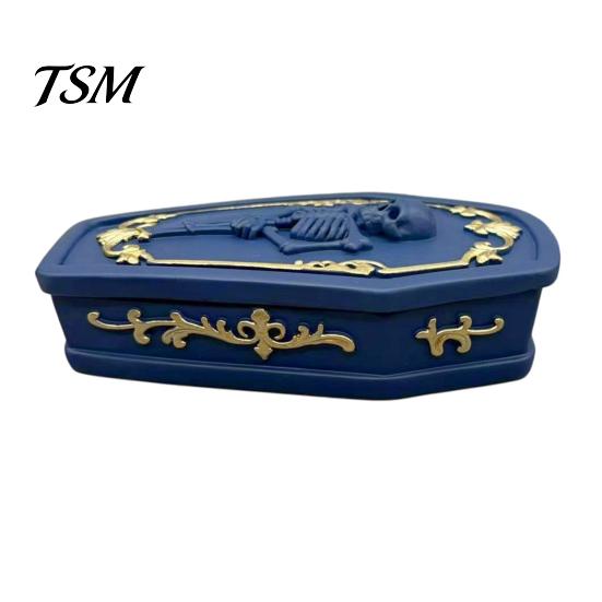 Halloween Atmosphere Prop Gothic Skull Casket Jewelry Box, Resin Spooky Storage Figurine for Vintage Bone Texture Box Rings, Dark Tabletop Organizer,