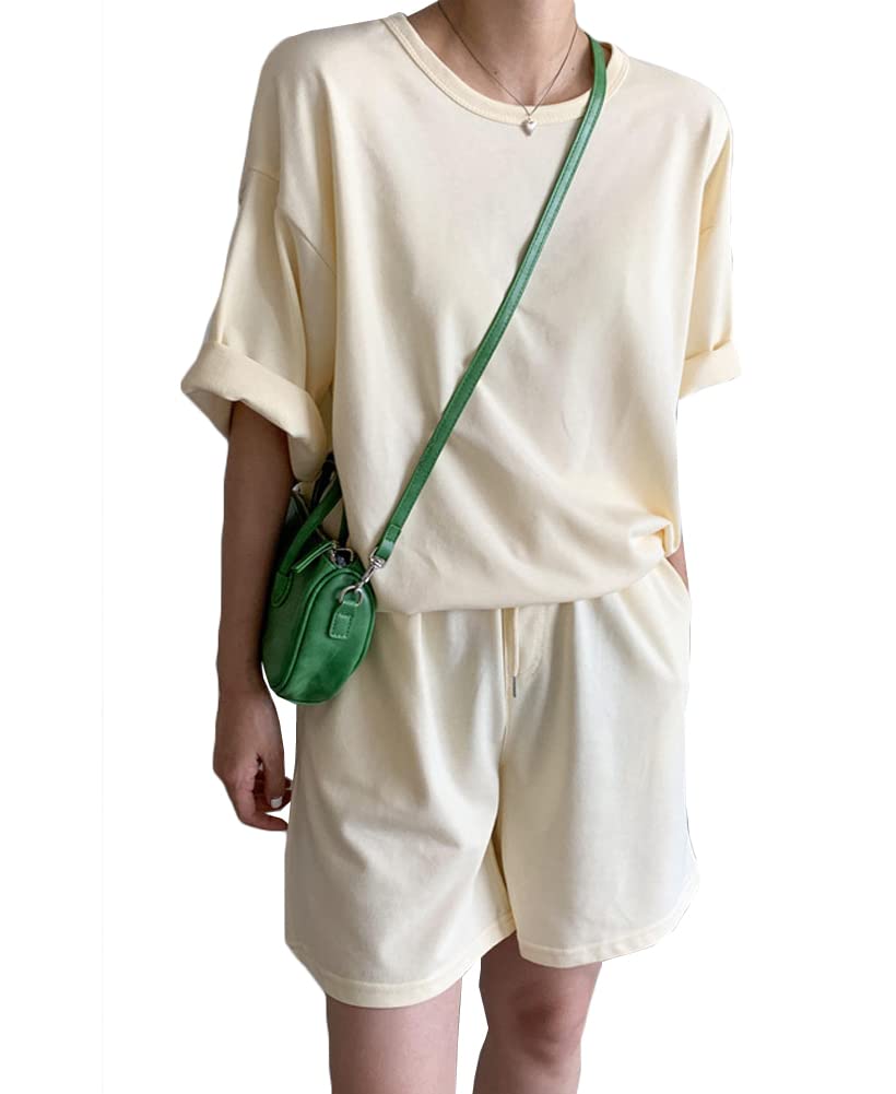 

JudyRose Women s Loungewear Set, T-Shirt and Pants, Short Sleeves, Casual, Comfortable, Loose Fit, Cute (Beige, Size M)
