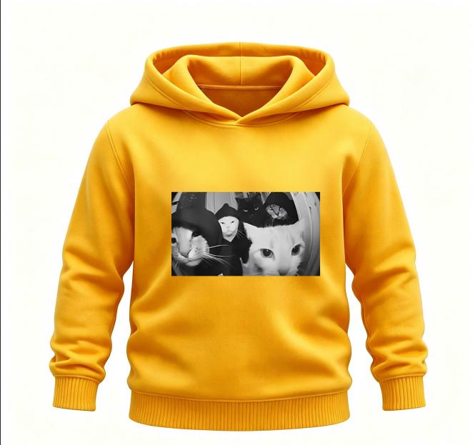 Funny Aesthetic Black‑and‑White Gang Cat Photo Graphic Kids Hoodie Loose Oversized Pullover Boys Girls Casual White Sweatshirt