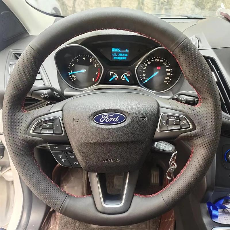 

Для Ford Focus 3 Kuga 2016- Escape C-MAX Ecosport 2018- Ручна прошивка Нековзка Шкіряна автомобільна Накладка на кермо 3