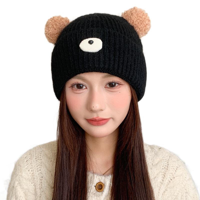 Søt tegneserie bjørn øre strikkelue for jenter for å holde varm og beskytte ørene om høsten og vinteren Student ullue for å fremheve ansiktet Liten kald lue