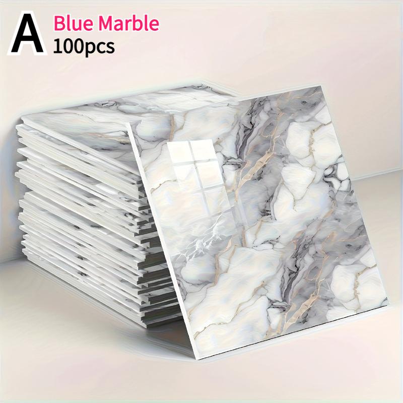 50pcs/100pcs Self-Adhesive Wall Stickers Glossy Marble Pattern Imitation Tile Peel Stick Waterproof Living Room Kitchen Bathroom