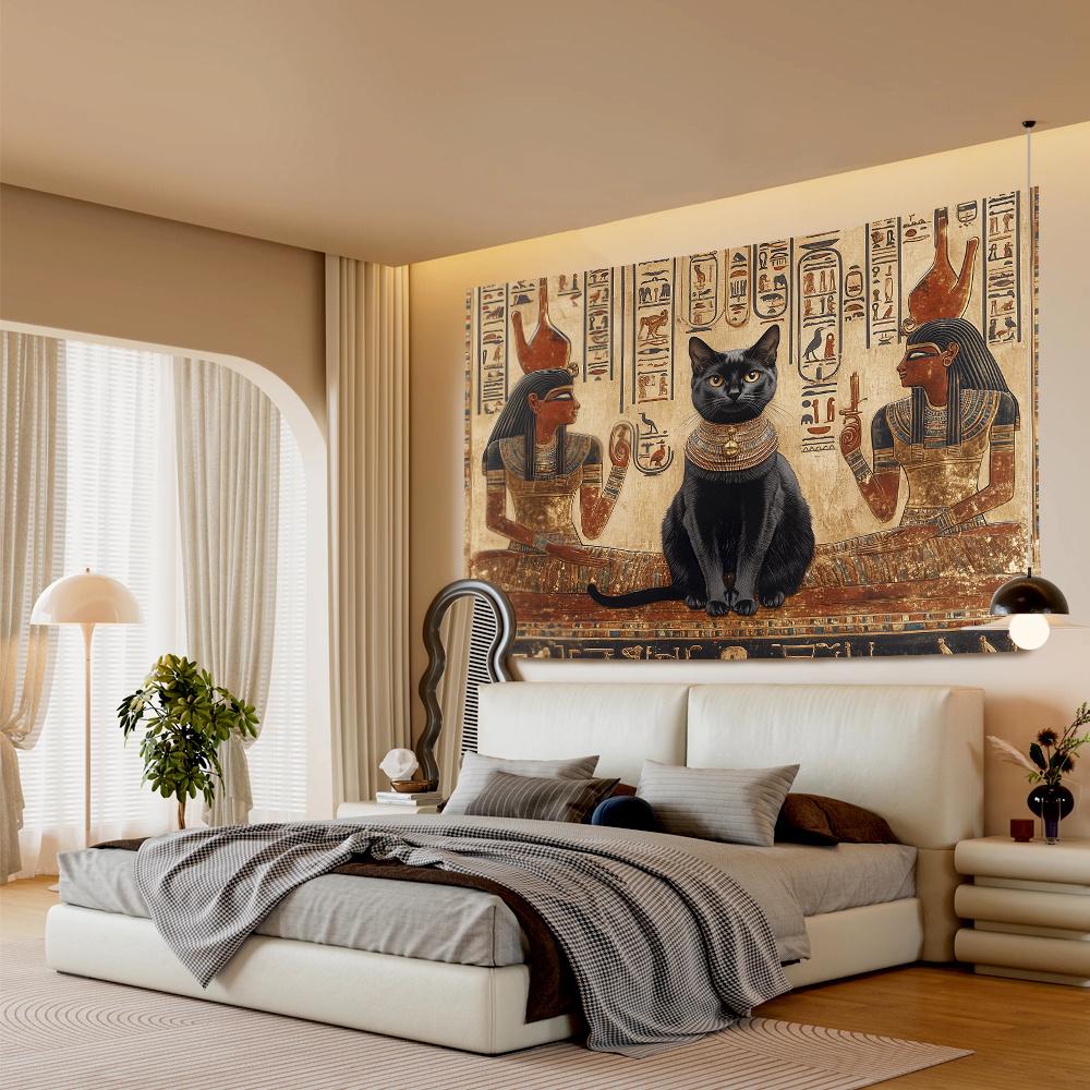 Retro Egyptian Black Cat Digital Printing Polyester Wall Hanging Tapestry Decorative Living Room Bedrooms Office Background Gift