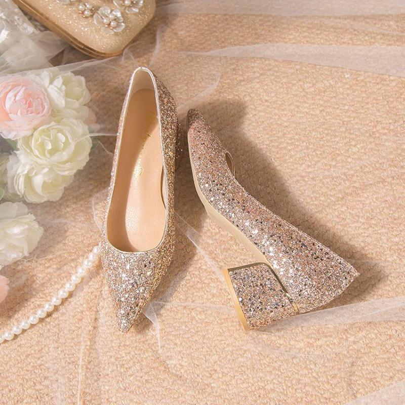 Pointed elegant Wedding Shoes Plus Size Shallow High Heels Pumps Ladies Thick Silver Glitter Heels Pumps Women Luxury footwear