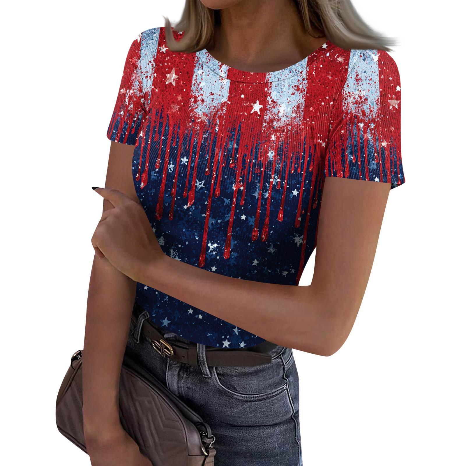 

Women s Casual Fashion Round Neck Independence Day Print Short-Sleeve Ribbed Top S винний