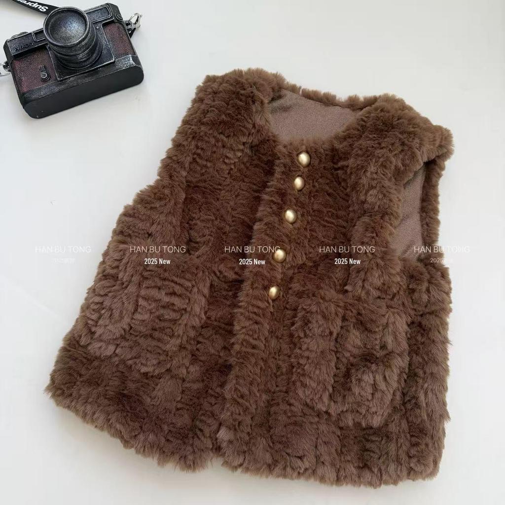 Girls' 2025 Autumn/Winter Stylish Korean Faux Fur Vest & Jeans Set
