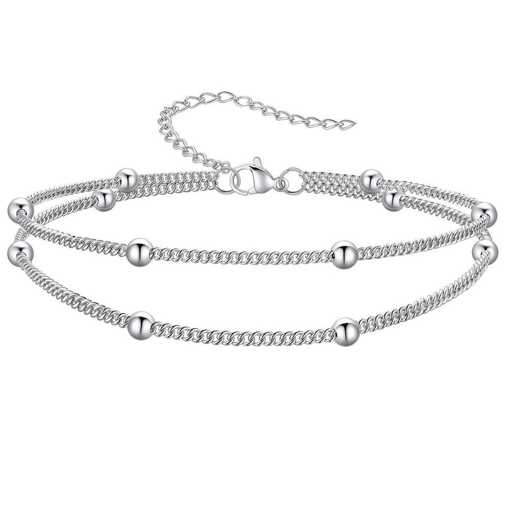 European-American Layered Embossed Round Pendant Anklet - Women's Double-Layer Beaded Chain Foot Jewelry for Summer Beach.