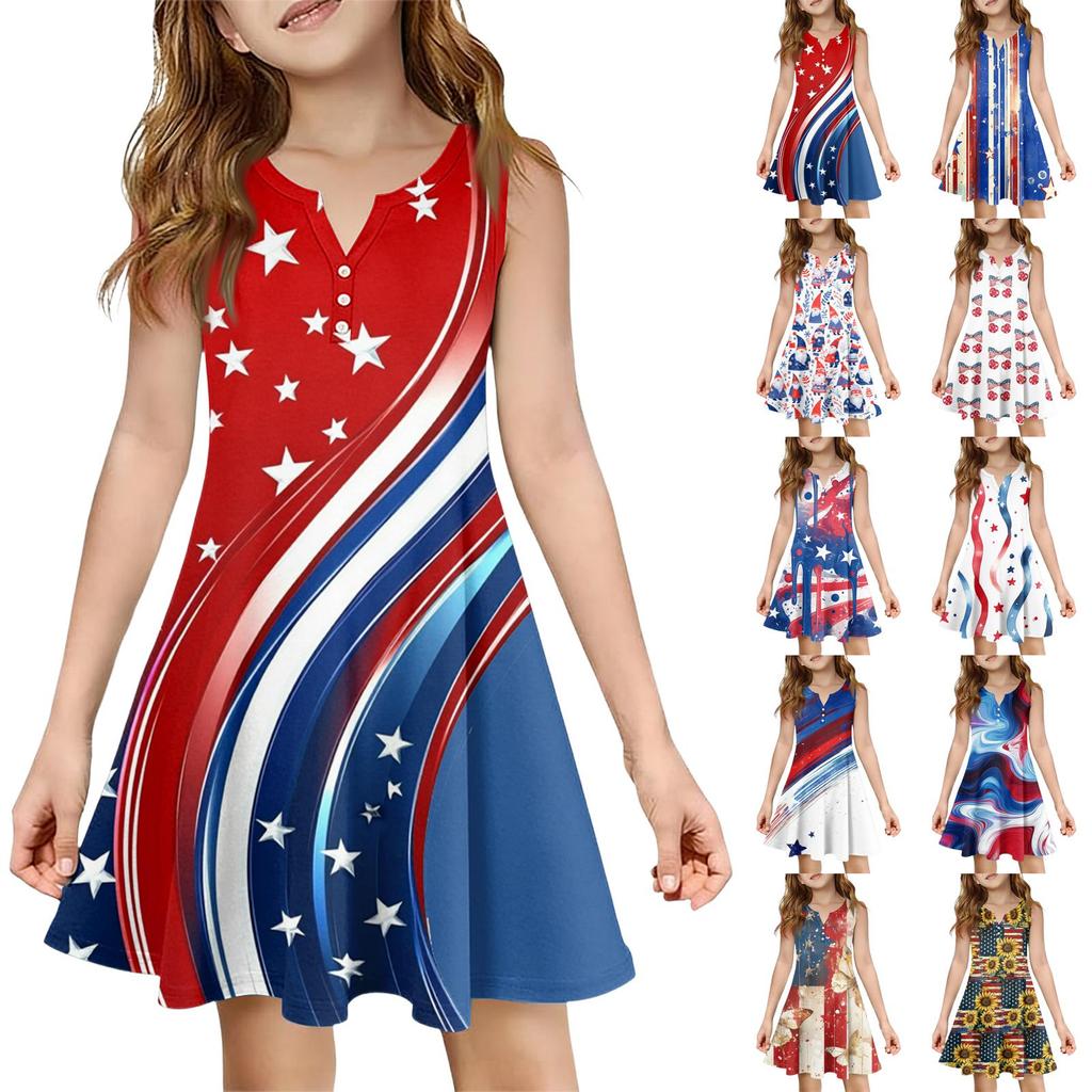 Girl Summer Dress Color & Print Sleeveless Dress With Pocket Casual Dress Sleeveless Party Dress Independence Day