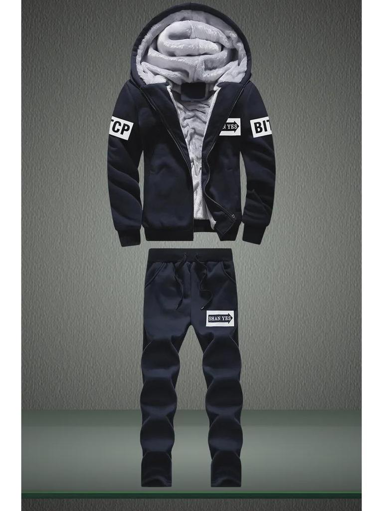 Men's Winter Sportswear Set: Hooded Sweater & Thick Velvet Jacket, Long-Sleeved, Large Sizes Available