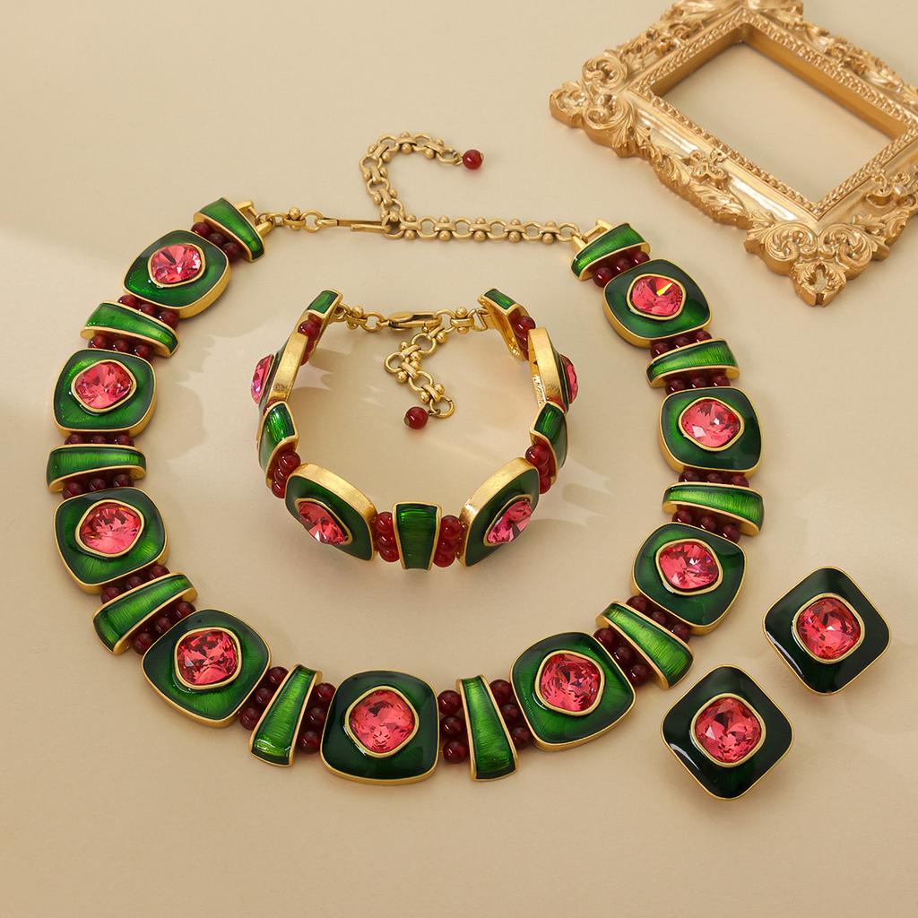 Medieval Fashion Geometric Block Enamel Inlaid Gemstone Necklace Bracelet Earring Temperament Set Jewelry