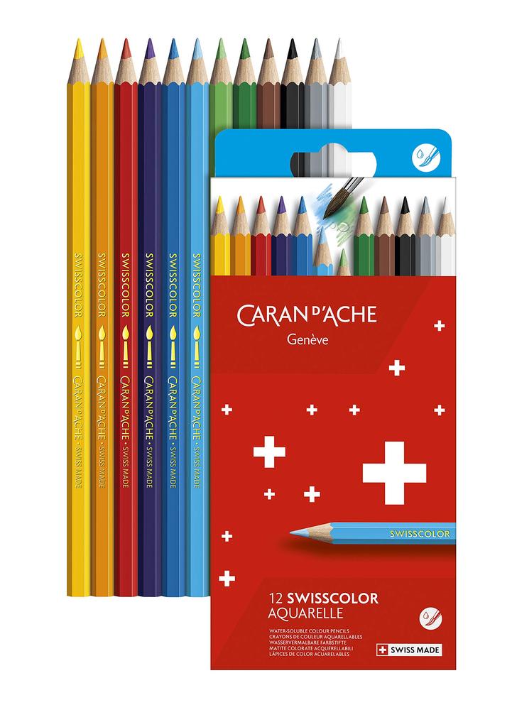 CARAN D'ACHE Swiss Color Water-Soluble Colored Pencils 1285-812, 12 Colors, Paper Box, Officially Imported