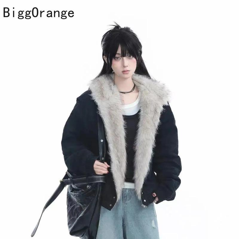 Winter Plush Jacket American Log Warm Jacket Men and Women Retro Stylish Hip-hop Simple Loose Leather Motorcycle Punk Jacket