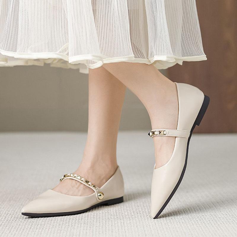Soft Sole Flats Women's Fashion Rivet Buckle Straps Mary Jane Shoes Elegant Pointed-toe Pumps Lady Microfiber Leather Work Shoes