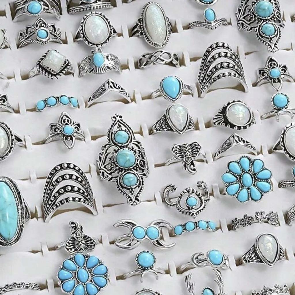JMXD-15 Pcs Bohemian Turquoise Flower Rings Set Vintage Geometric Lace Stackable Boho Chic Statement Jewelry for Women