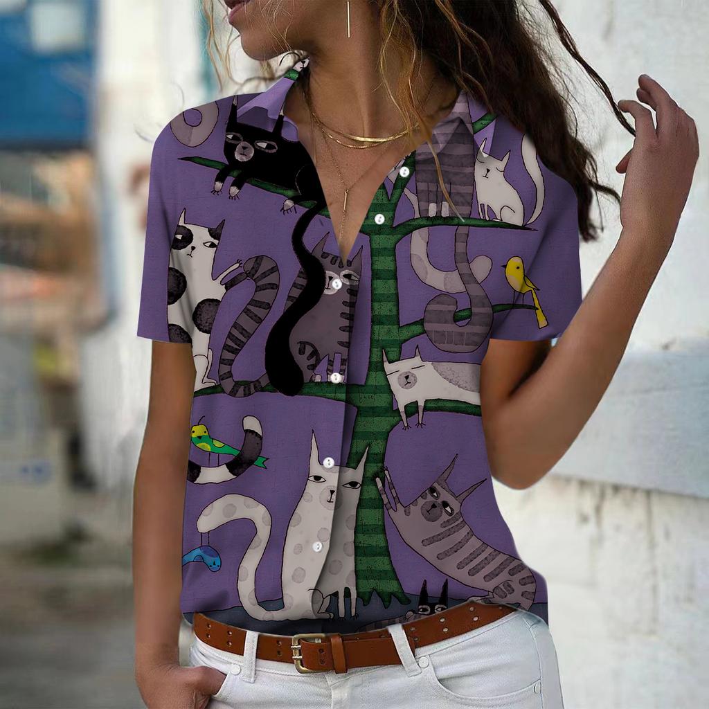 2025 Summer New Fashion Women's Cat Printed Short Sleeve V-neck Casual Button-down Shirt Top