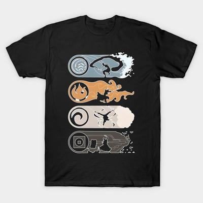 Men Black Print T-shirt The Four Elements Avatar No-Cut Heat Transfer Print Cotton Tshirt
