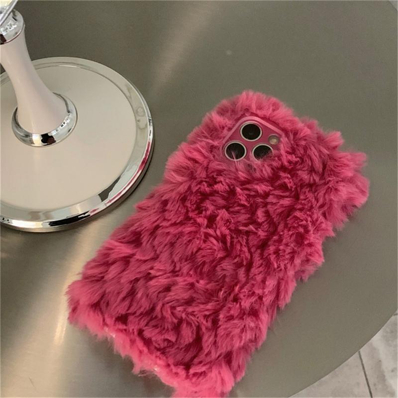 Ins Korean Cute Fuzzy Plush Pink Phone Case For Iphone 14 13 12 11 Pro Xs Max X Xr 7 8 Plus Winter Shockproof Soft Cover Funda