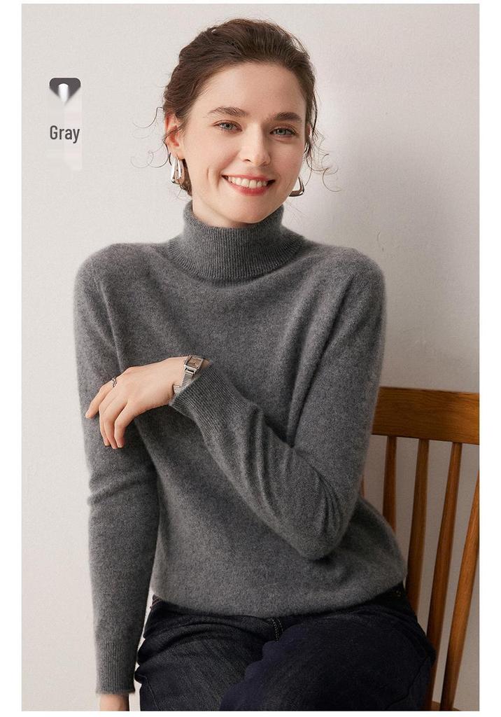100% Cashmere Women's High Neck Solid Color Loose Fit Sweater for Autumn/Winter