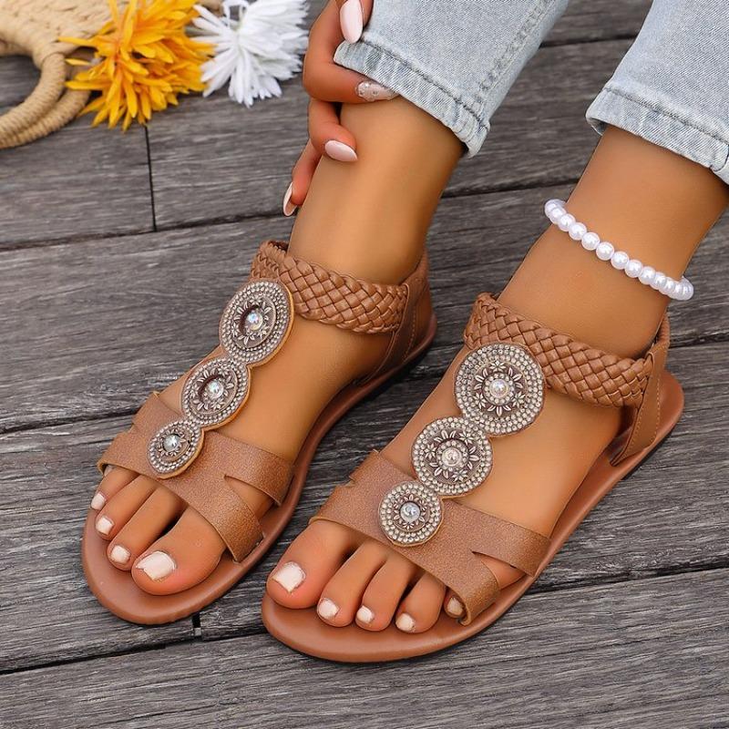 Women Flat Sandals Elastic Ankle Strap Beach Shoes Women Bohemian Flats Sandals Lightweight Designer Shoes Zapatos De Mujer