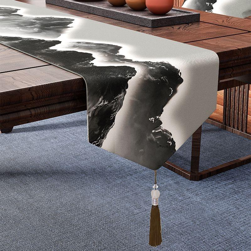 Waterproof Tables Flag Jacquard Landscape Flower Table Runner Black White Ink Painting Decor  Tea Dining Tablecloth Cotton Linen Tassels Mat