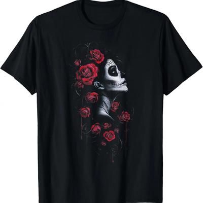 Skull Day of the Dead Sugar Skull Red Roses Vintage Gothic T-Shirt