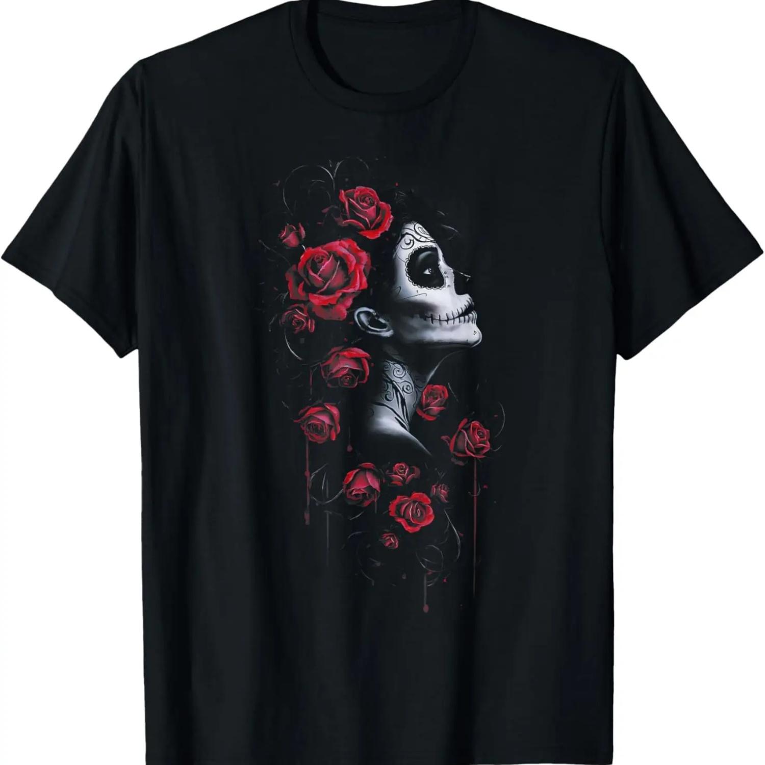 Skull Day of the Dead Sugar Skull Red Roses Vintage Gothic T-Shirt S чёрный