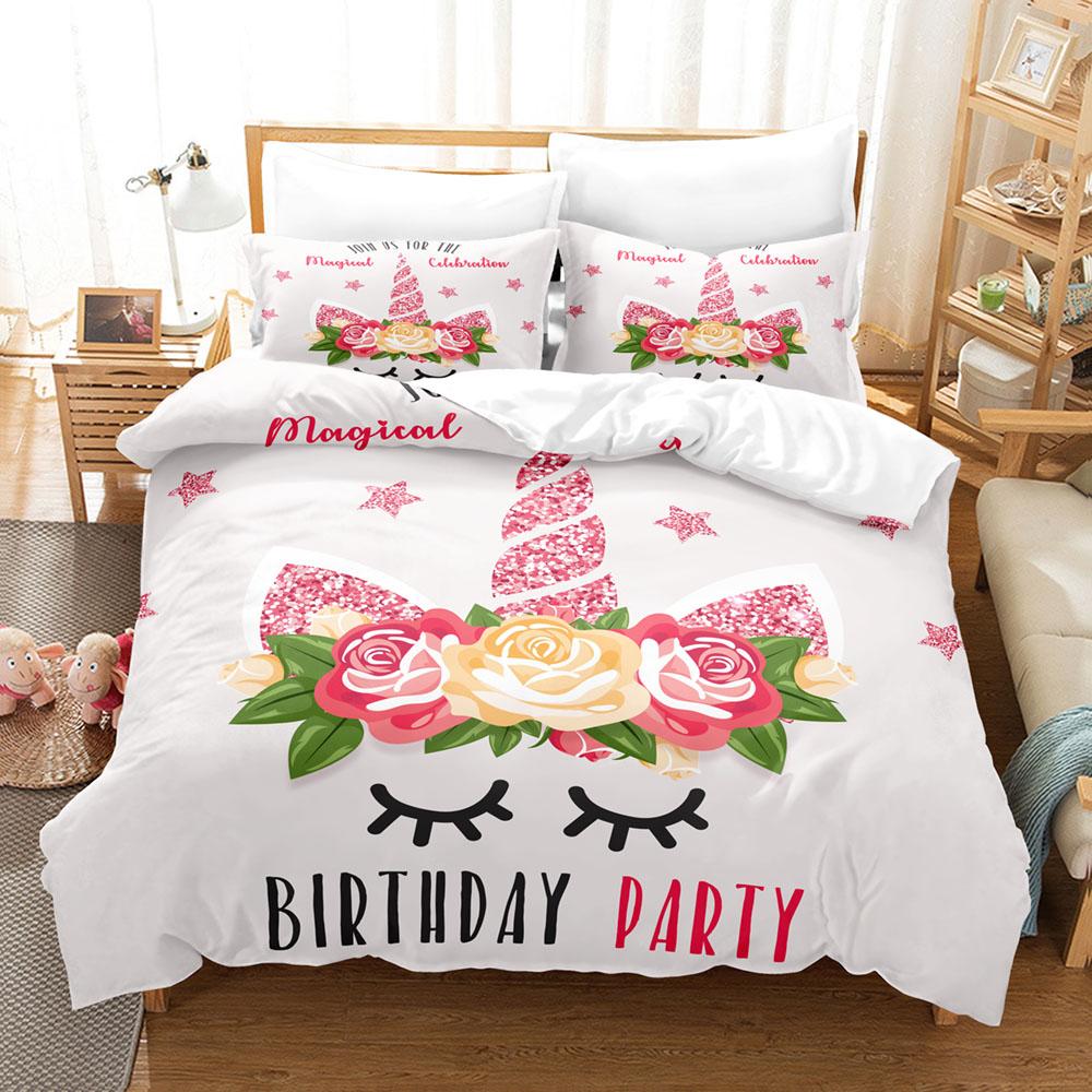 3D Cartoon Bedding Set Unicorn Rainbow Printed Duvet Cover Set Soft Skin-Friendly Single Double King Size for Kids Birthday Gift