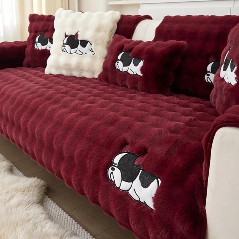 Plush Solid Color Sofa Cover Autumn Winter Thicken Sofa Cushion Anti-Slip Sofa Cover Cartoon Small Dog Embroidery Couch Cushion
