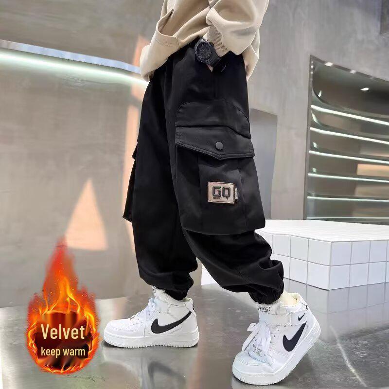 Boys' Winter 2025 Overalls: Medium & Large Kids' Velvet-Lined Streetwear Pants for Spring & Autumn